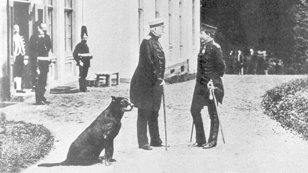 Bismarck met vechthond, ter intimidatie, ontmoet Wilhelm ll